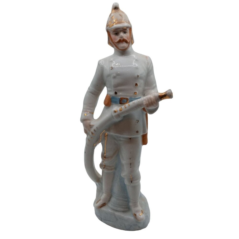 Firefighter Figure Ceramic Old Fashioned Fireman Holding Hose Helmet 8 Inch